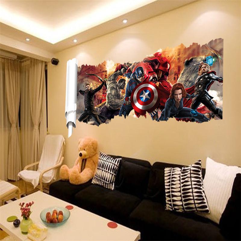 Popular Decorative 3D Wall Hole Stickers For Living Room Bedroom Decor PVC Home Wall Art Movie Avenger Decorations Mural Poster